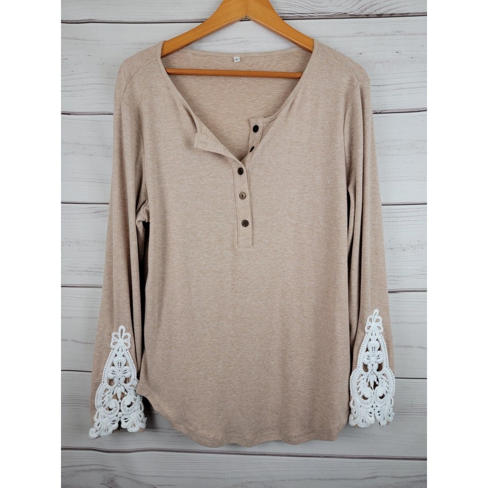 Brown Long Lace Sleeve V-Neck Womens Large Fall